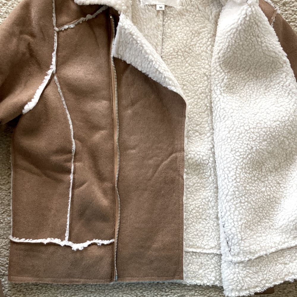 Faux Suede Sherpa Lined Short Moto Style Jacket - Picture 7 of 11